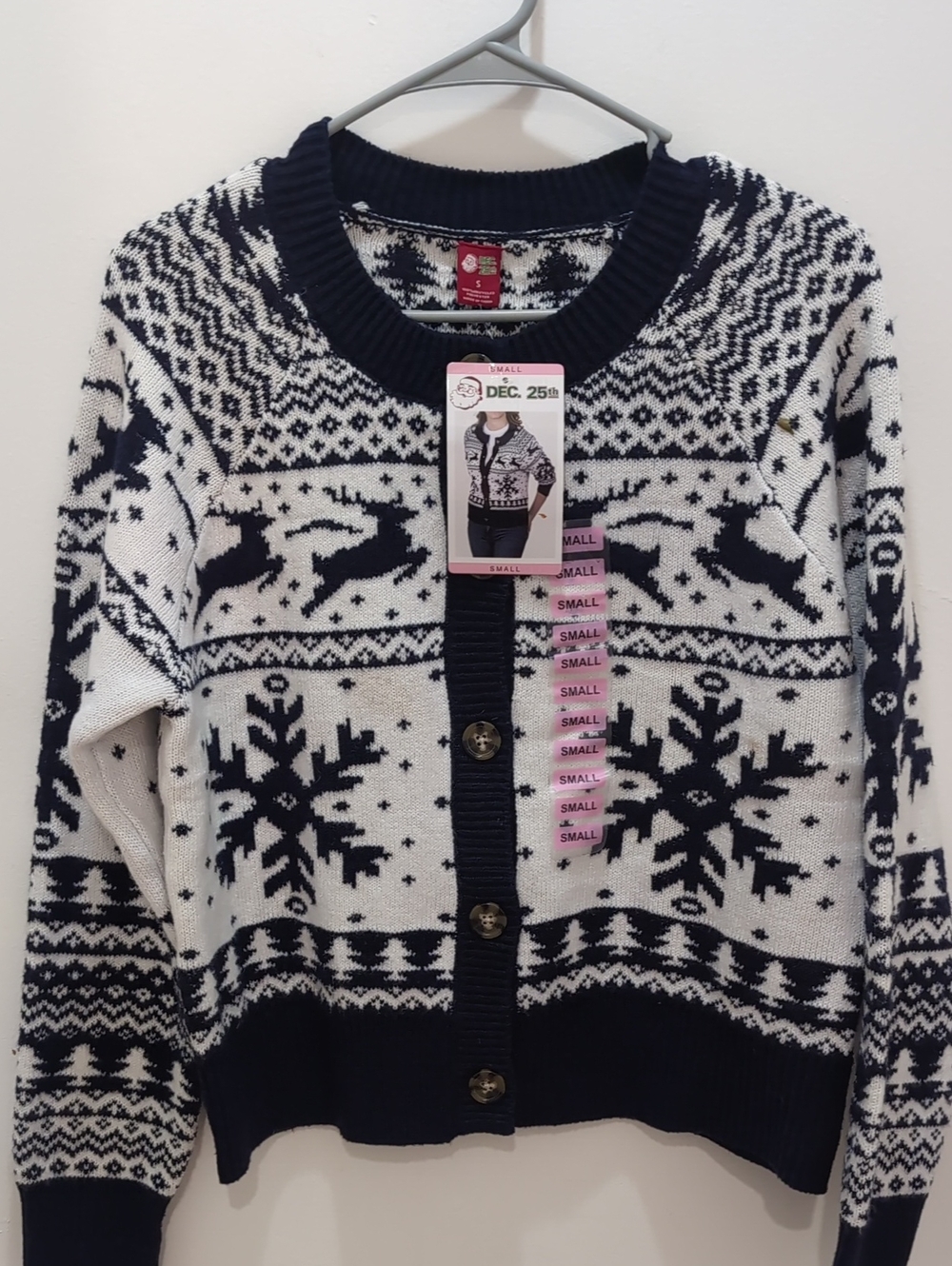Vintage Women's Navy and White Holiday JACKET Sweater S